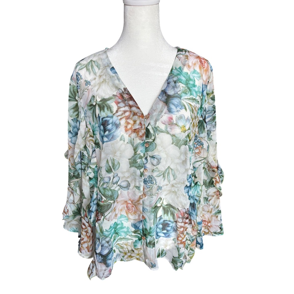 Chico's Floral Ruffle Sleeve Button Front Blouse Size 2 Large Multicolor V-Neck